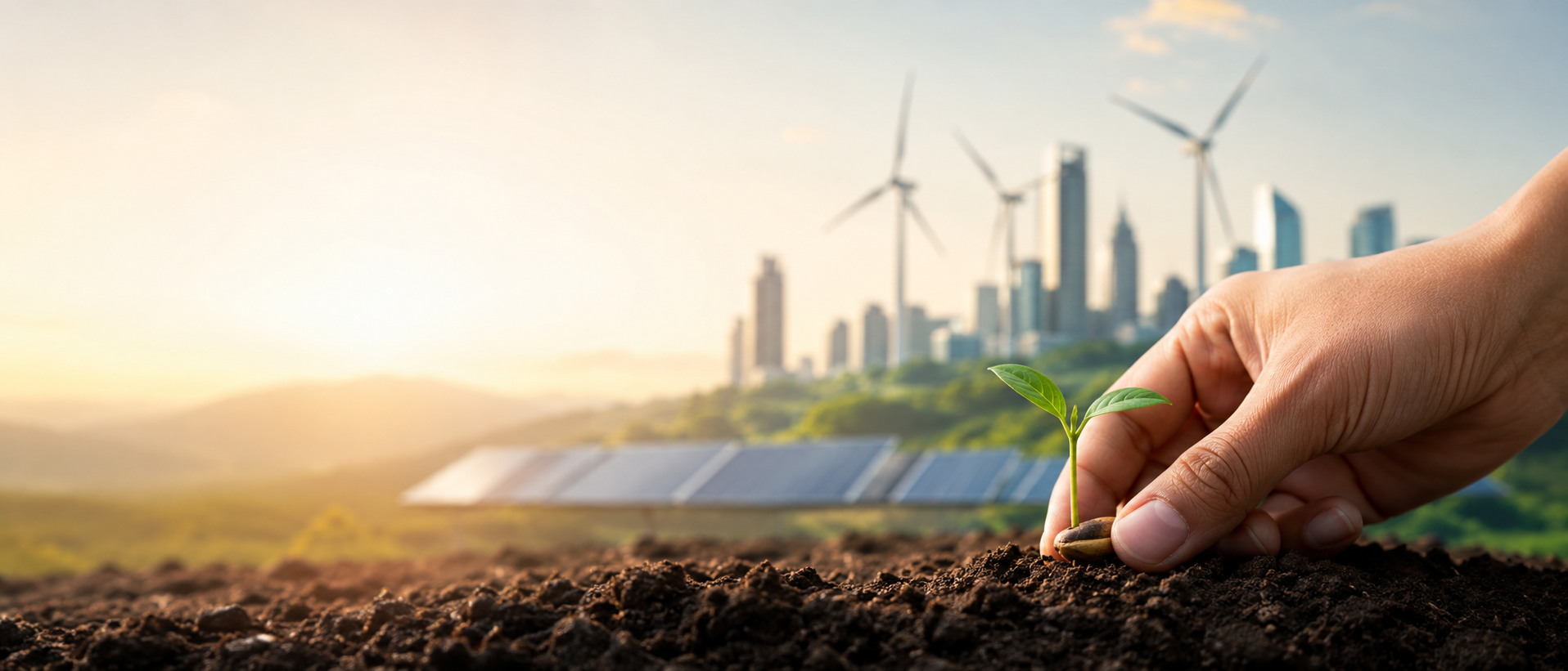 Hand planting a sprout with sun, wind turbines and city in background